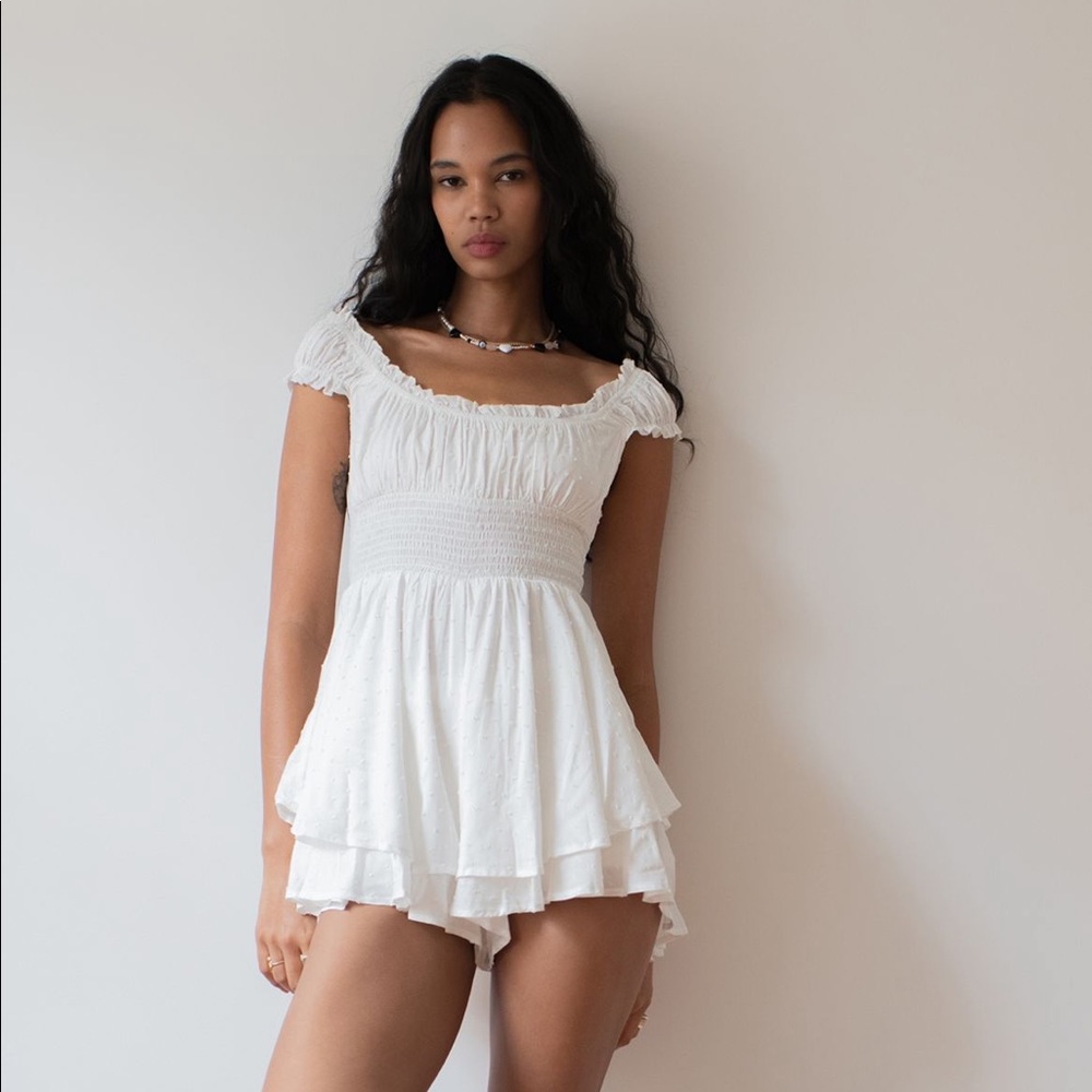 UO Rosie Smock Tiered Ruffle Romper